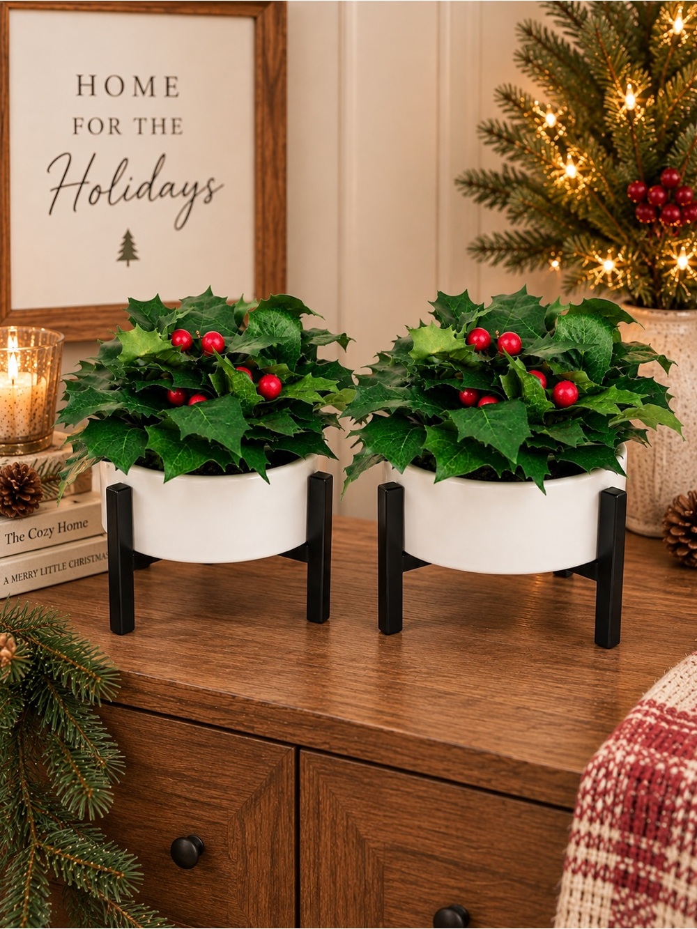 2 Threshold Faux Holly Berry Christmas Planters White Black Holiday Decor